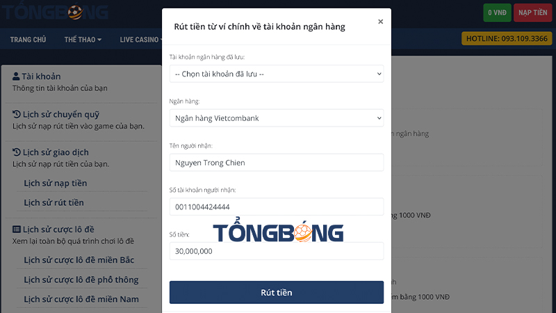  Hướng dẫn rút tiền Tongbong.bet về ngân hàng